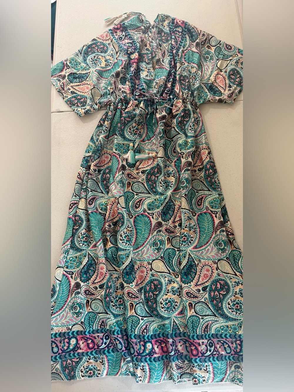 Women's Paisley Maxi Dress in Teal & Pink with Adjustable Waist